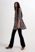 Button through mini dress in brown floral