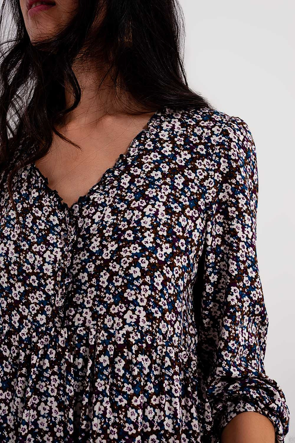 Button through mini dress in brown floral