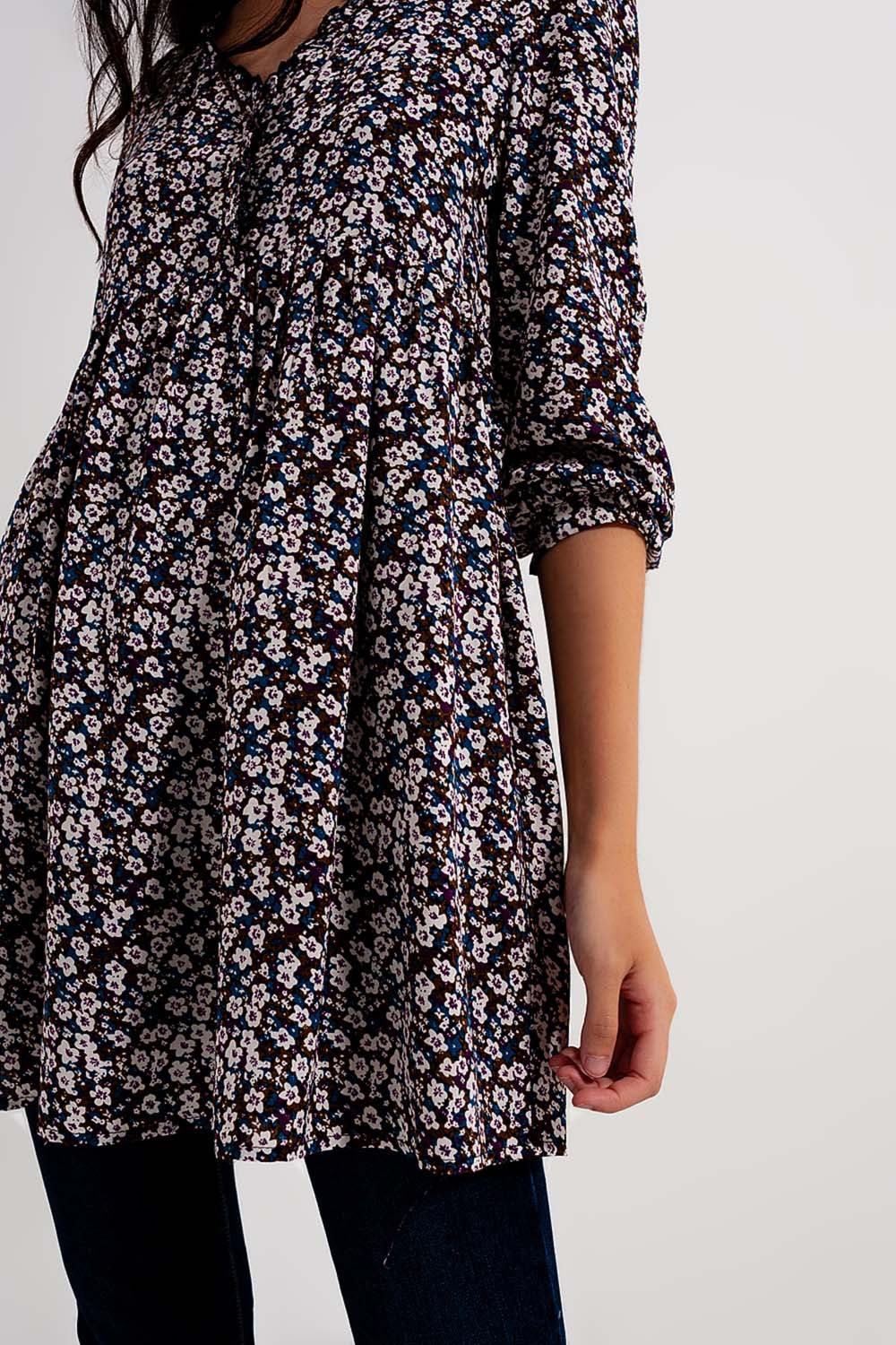 Button through mini dress in brown floral