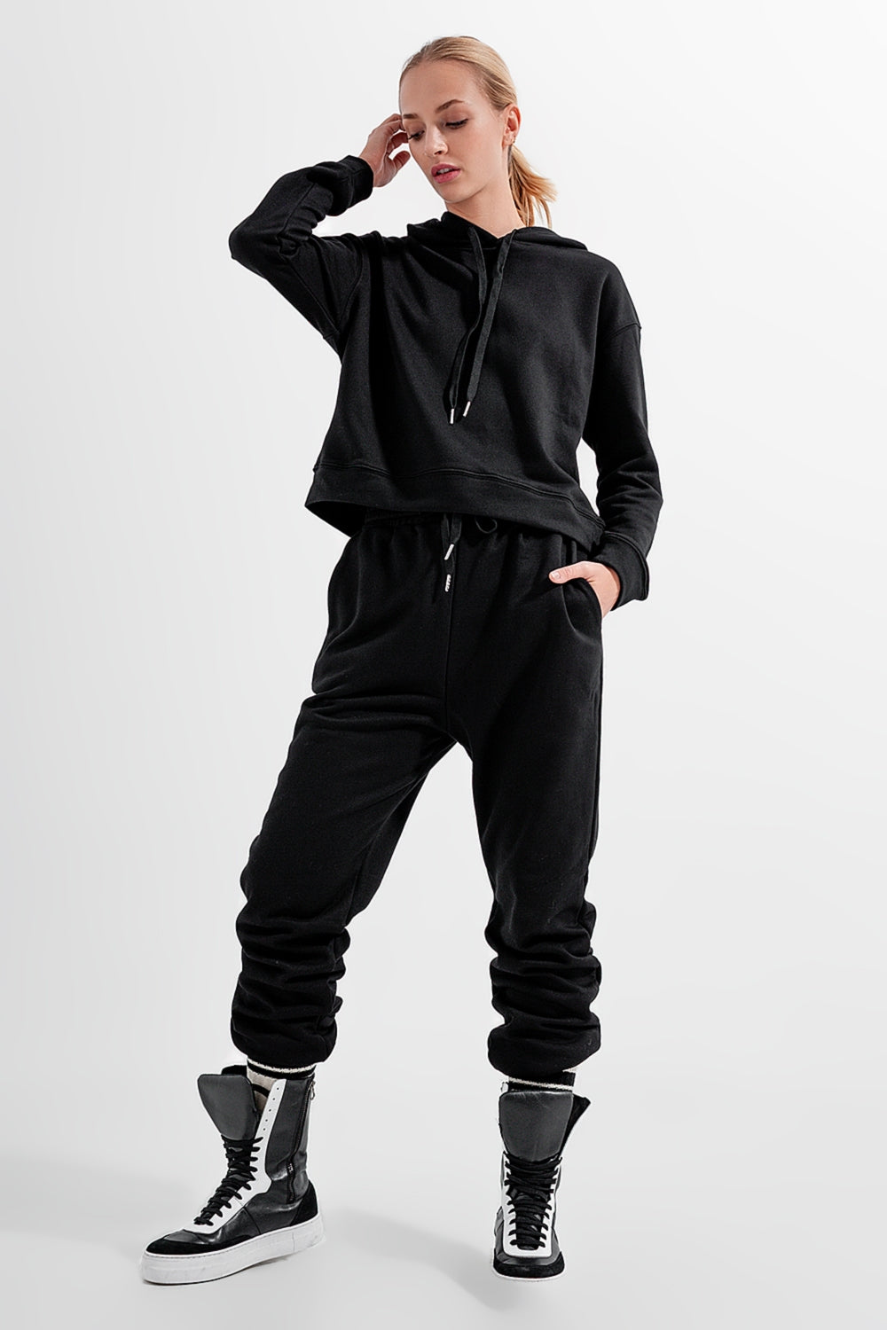 Adjustable waistband joggers in black