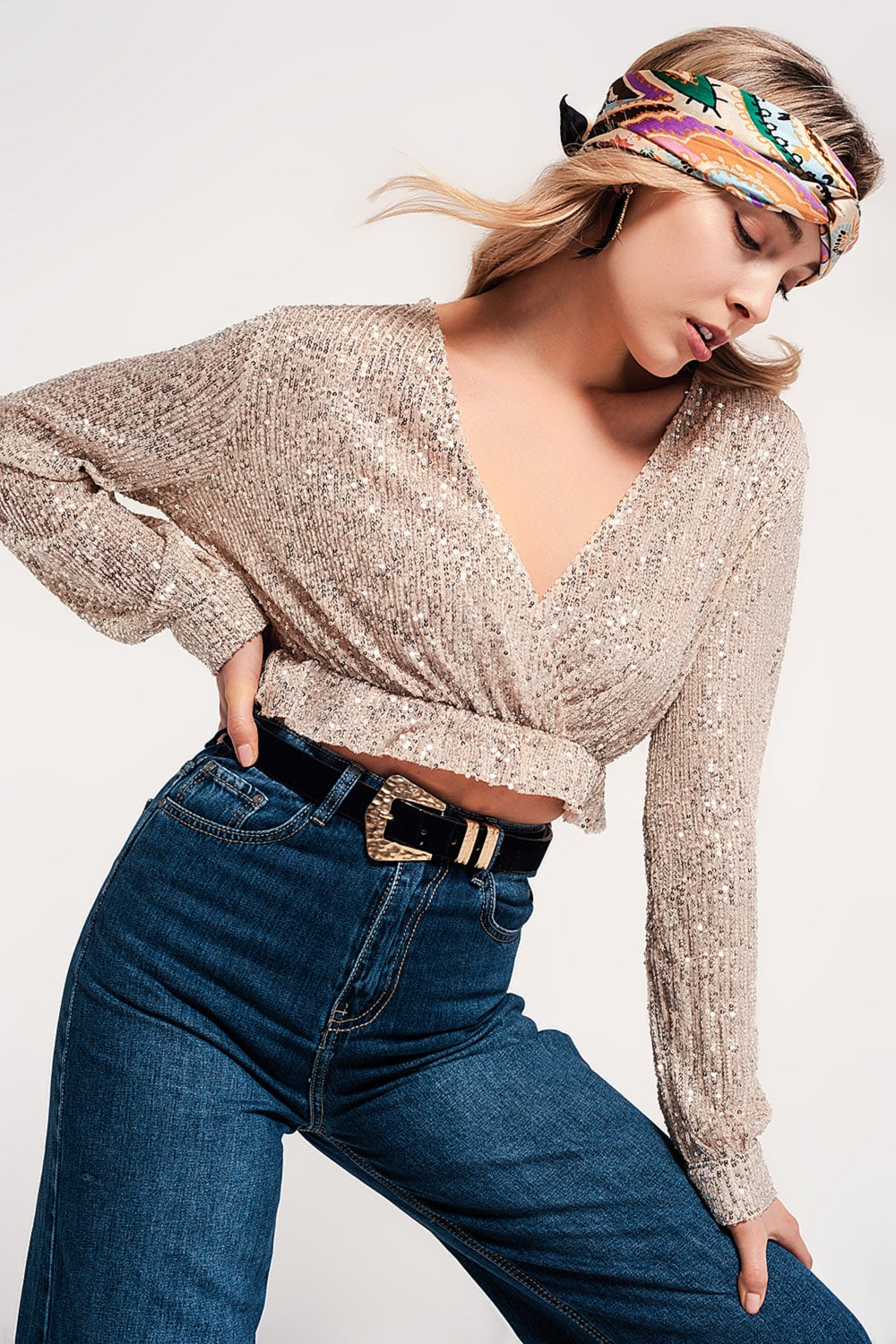 Cross over cropped and sheer top with sequins in gold