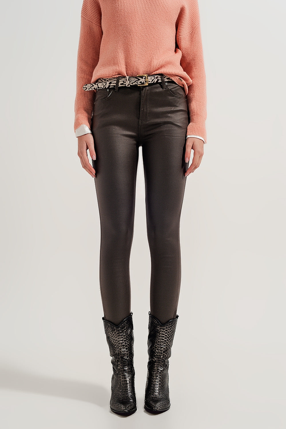 Faux leather high waisted split zip hem pants in khaki