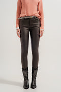 Faux leather high waisted split zip hem pants in khaki