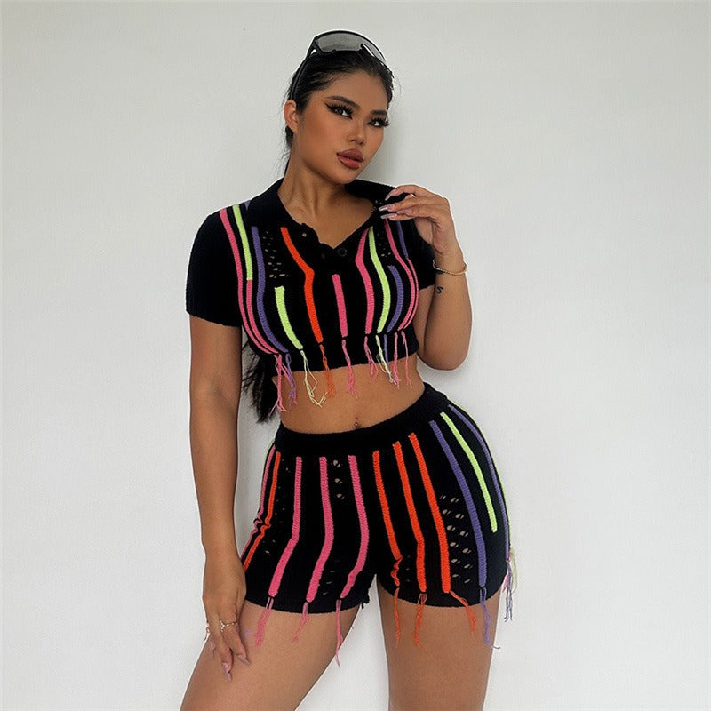 UNIKCOSA SweetTassel Embroidered Knit Set — High-Waist Open-Navel Slim Fit Co-Ord 💖