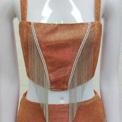 UNIKCOSA MetalMuse Tassel Crop Top & Mini Skirt Set ⚡