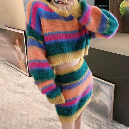 UNIKCOSA ColorMuse Contrast Knit Top & A-Line Skirt Set for Women 🌈