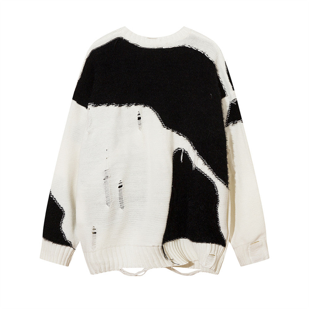 UNIKCOSA Color Contrast Patchwork Sweater – Black & White Street Knit for Men