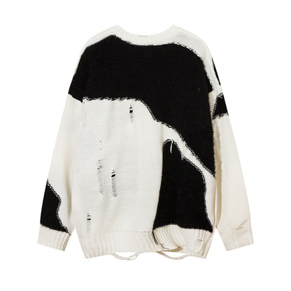 UNIKCOSA Color Contrast Patchwork Sweater – Black & White Street Knit for Men