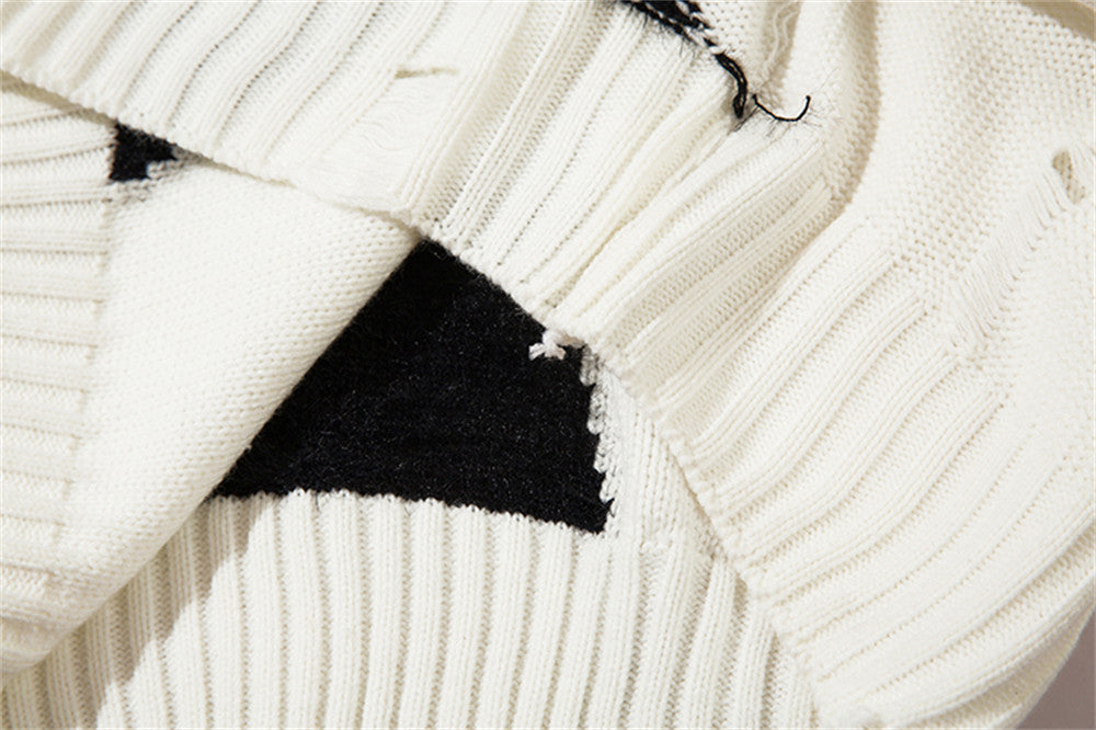 UNIKCOSA Color Contrast Patchwork Sweater – Black & White Street Knit for Men