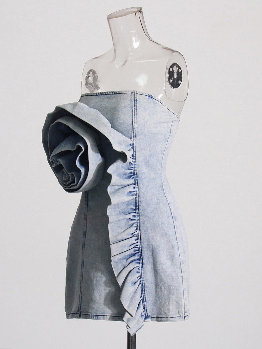 UNIKCOSA RetroMuse Folded Ruffled Strapless Denim Dress 🌸