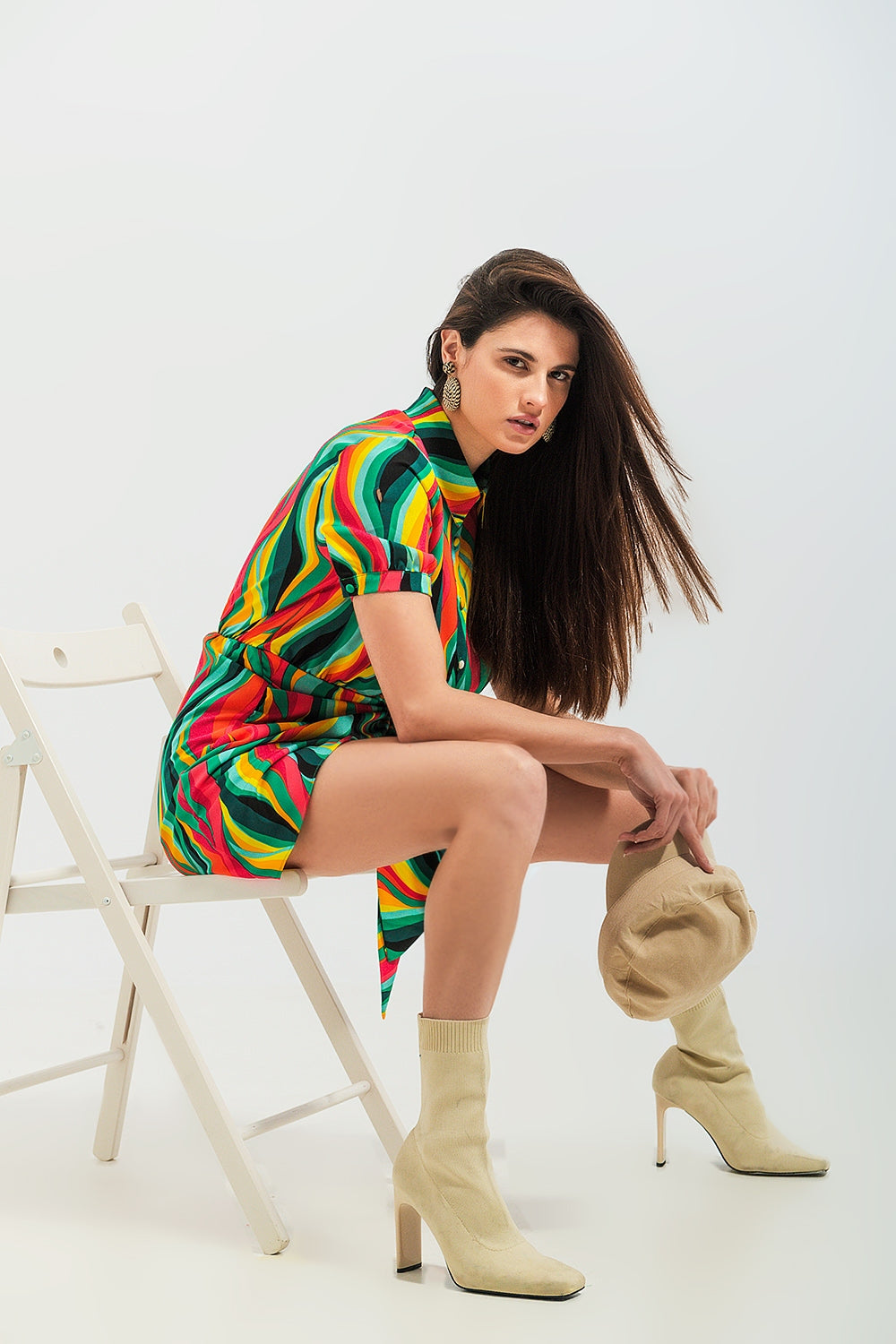 Mini wrap shirt dress in green swirl print
