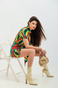 Mini wrap shirt dress in green swirl print
