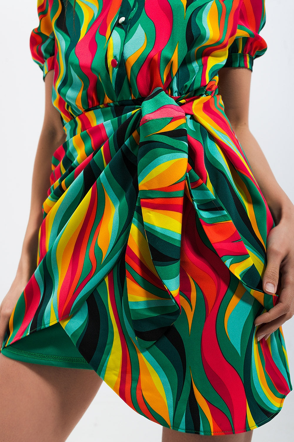 Mini wrap shirt dress in green swirl print