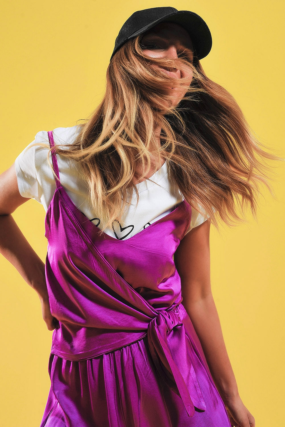 UNIKCOSA Satin cami strap jumpsuit in fuchsia