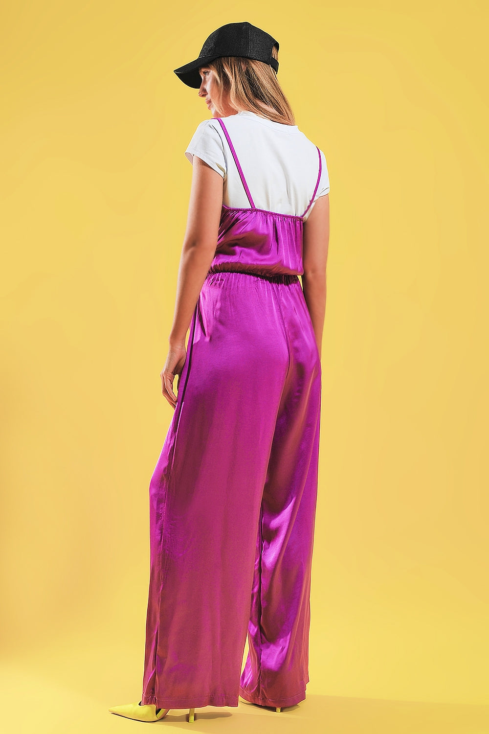 UNIKCOSA Satin cami strap jumpsuit in fuchsia