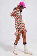 Wrap ruffle hem mini dress in 70s orange print