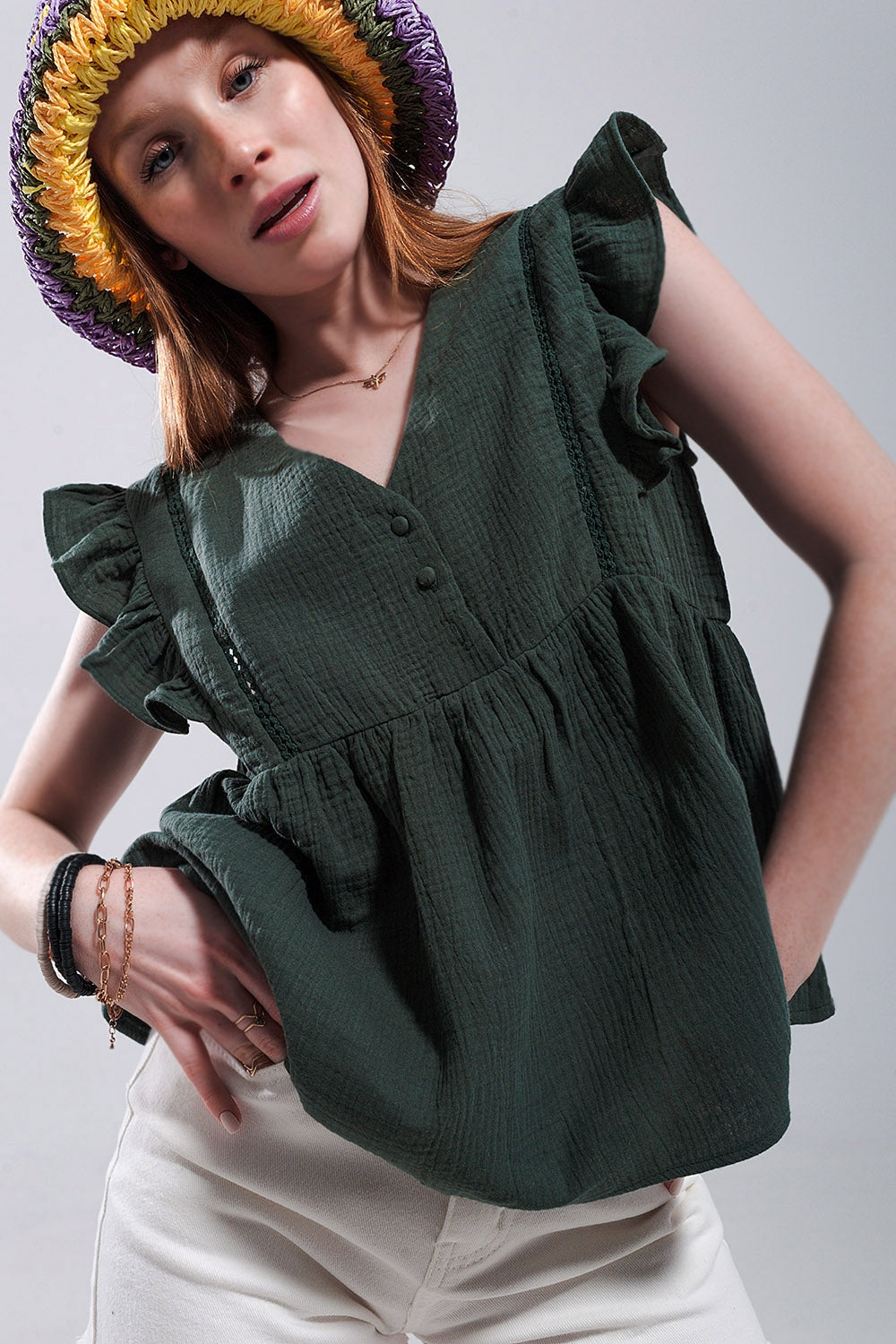 Cotton tank top with ruffle sleeves in khaki