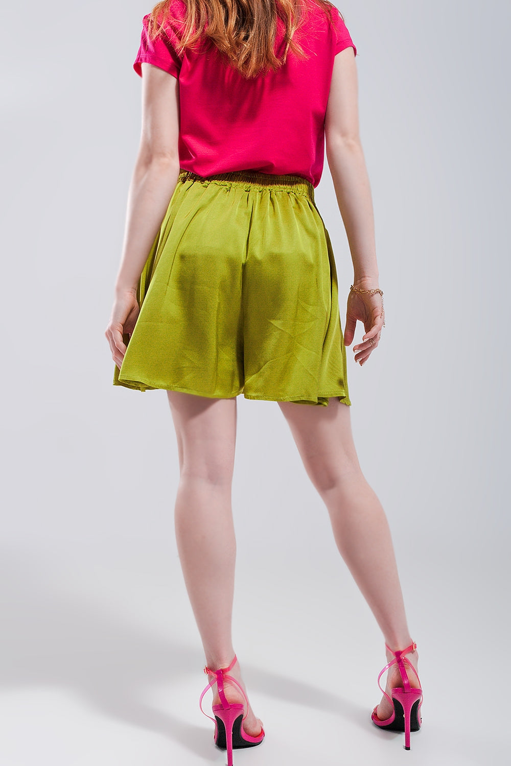 High rise satin shorts in lime green