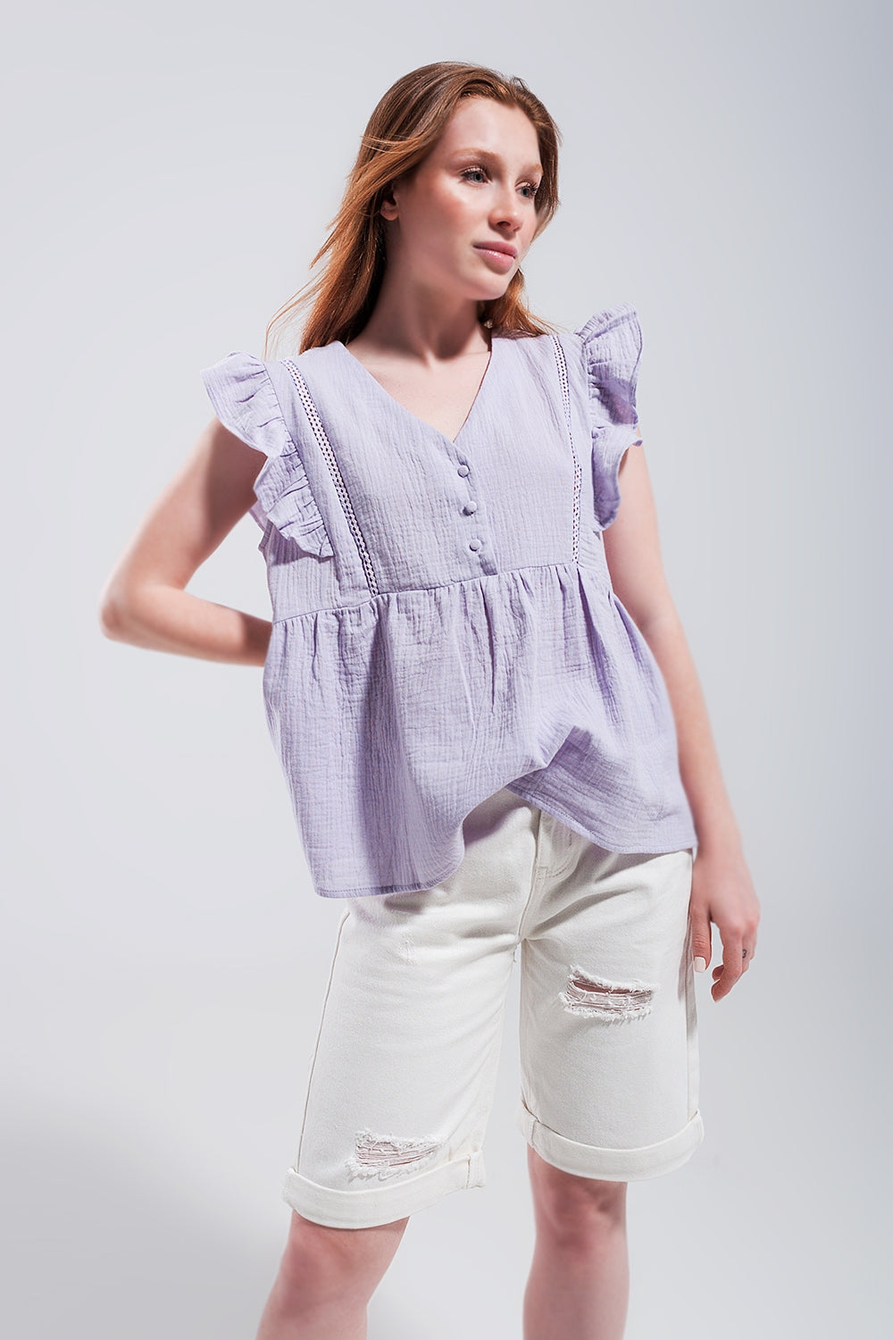 Cotton tank top with ruffle sleeves in lilac