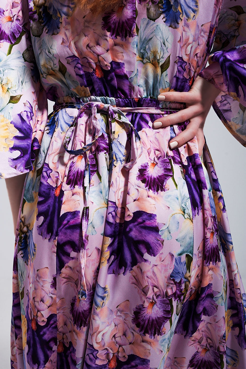 Flutter sleeve maxi dress in purple floral print