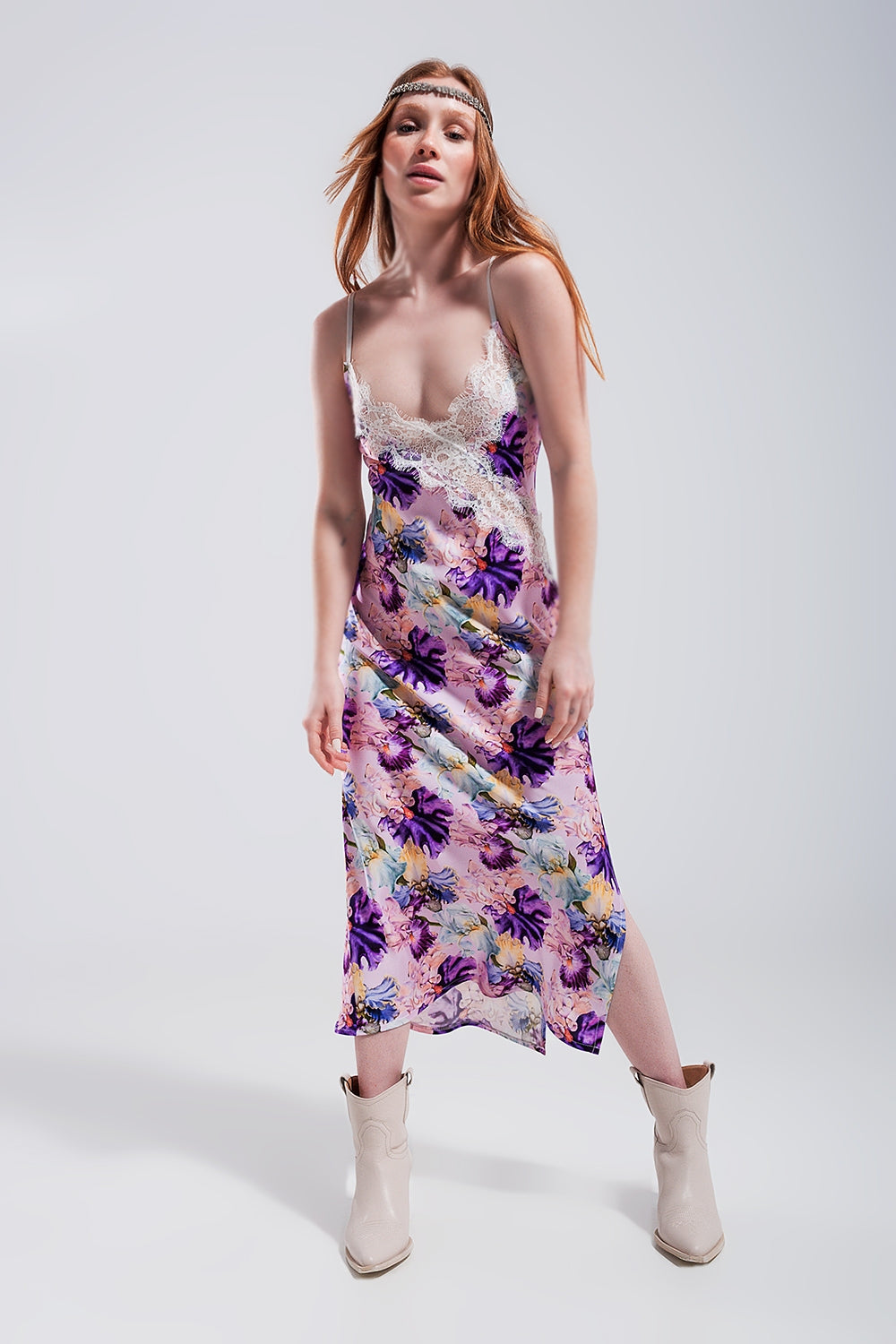 V back Satin midi dress in purple clashing floral print