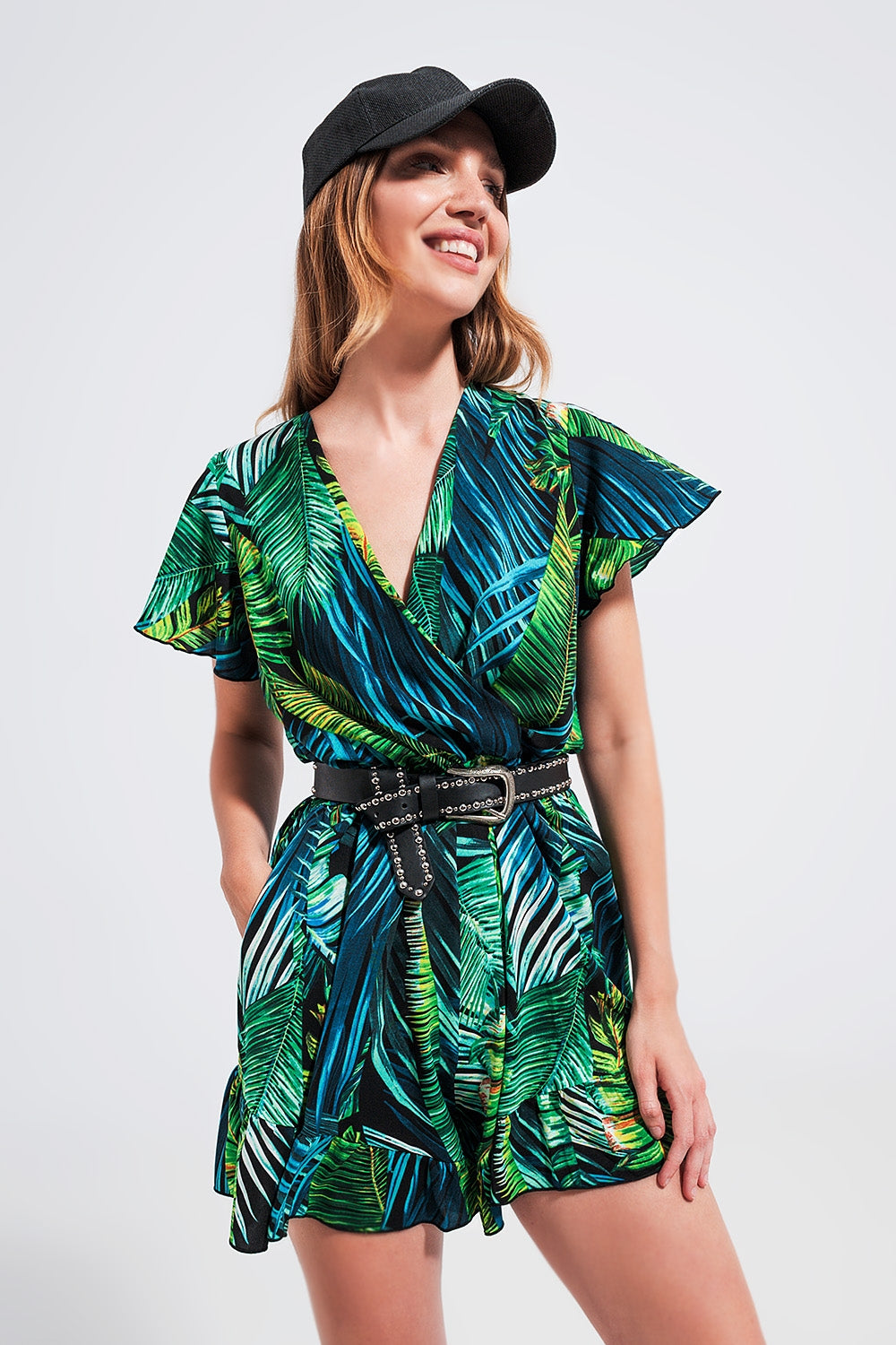 UNIKCOSA Wrap jumpsuit in green tropical print
