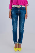 Exposed button ripped boyfriend jean in dark blue