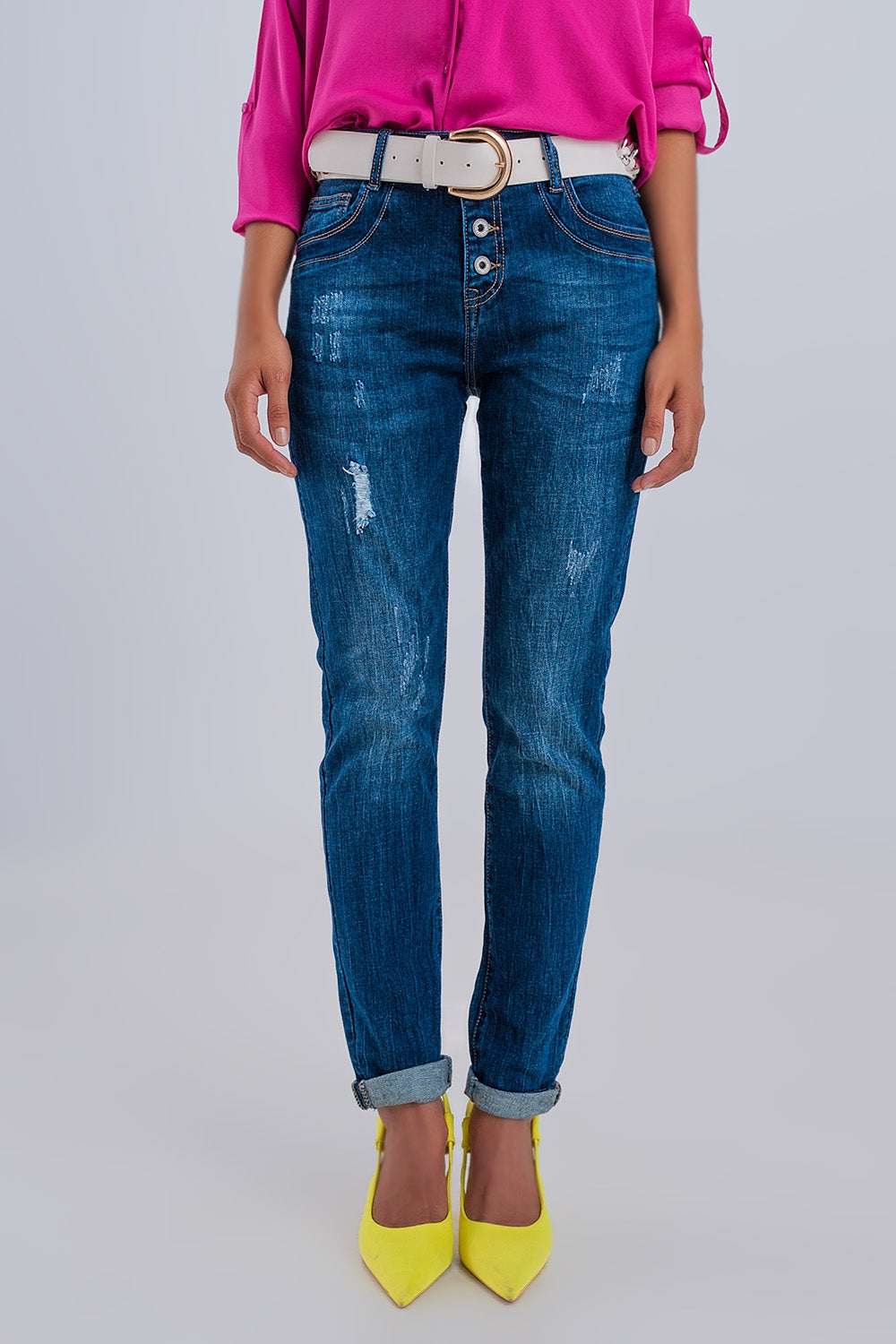 Exposed button ripped boyfriend jean in dark blue