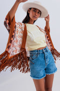 Printed kimono with fringe detail in brown