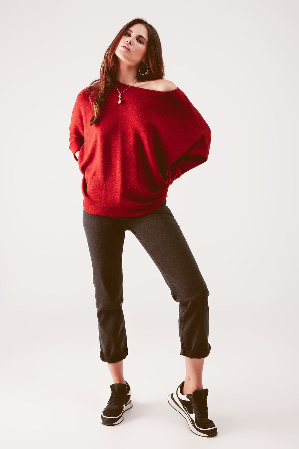 Boat neck batwing sweater in red orange
