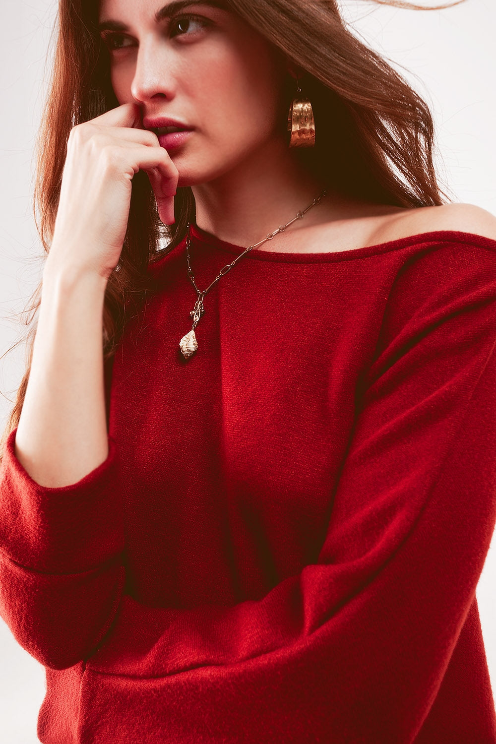 Boat neck batwing sweater in red orange