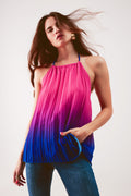 High neck pleat top in fuchsia ombre