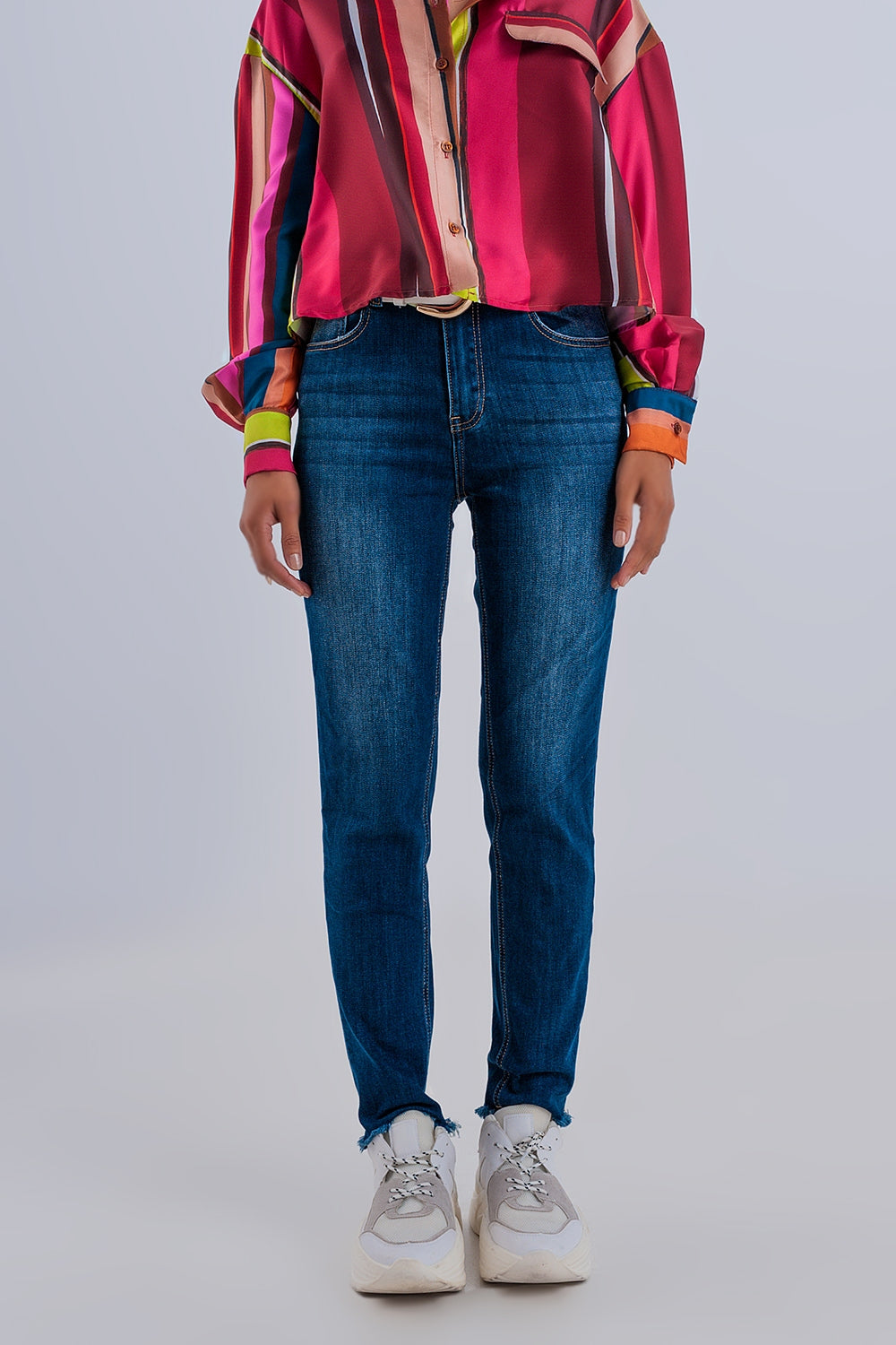 Skinny high waist raw hem jeans in dark blue