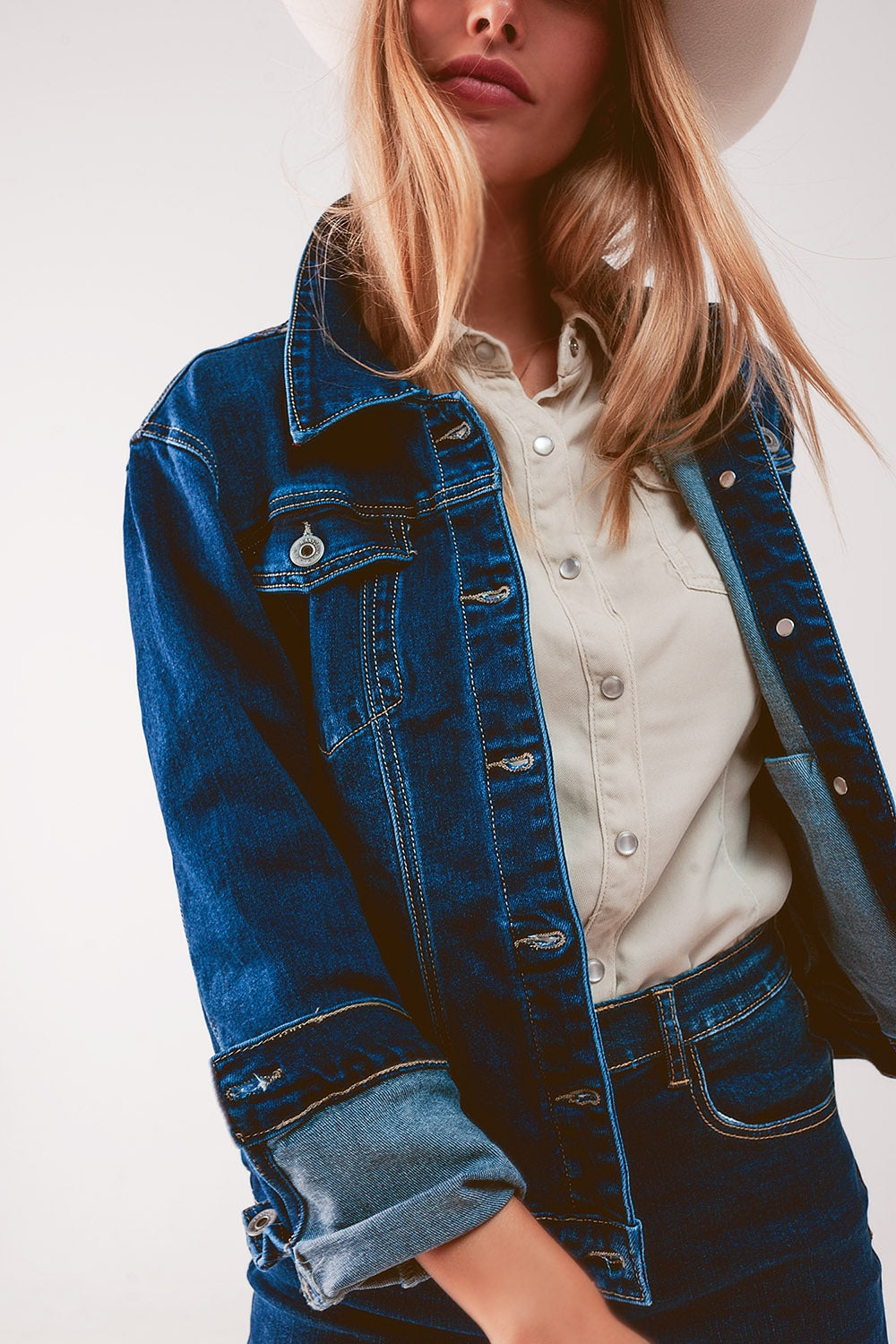 Embroided back denim jacket in dark blue