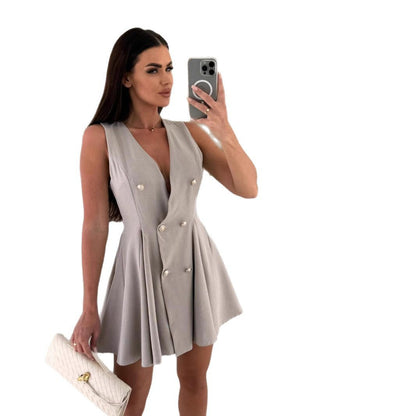 UNIKCOSA Double-Breasted Gold Button A-Line Blazer Dress — Sleeveless V-Neck Edition 🖤