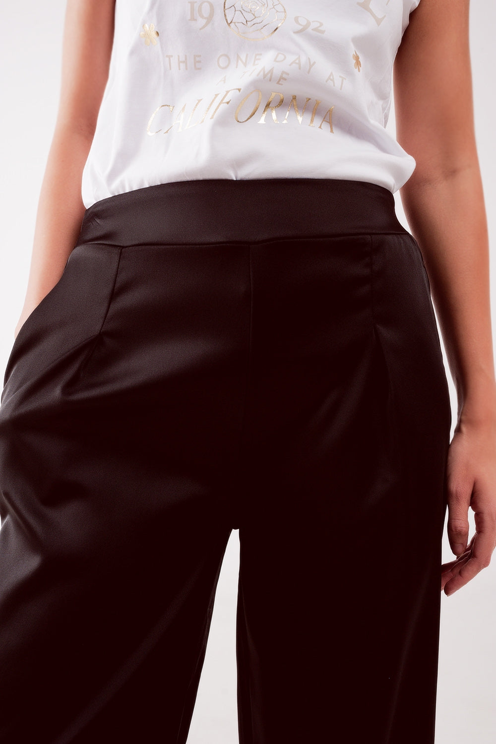 wide leg satin pants in black