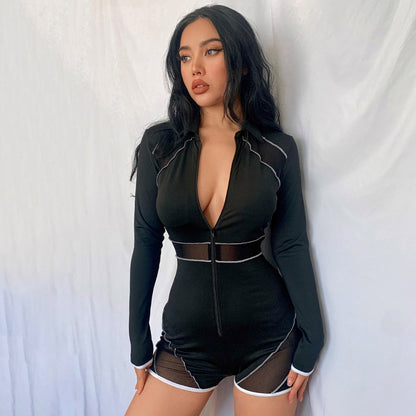 UNIKCOSA MeshMode Women’s Lapel Zipper Jumpsuit Shorts ✨