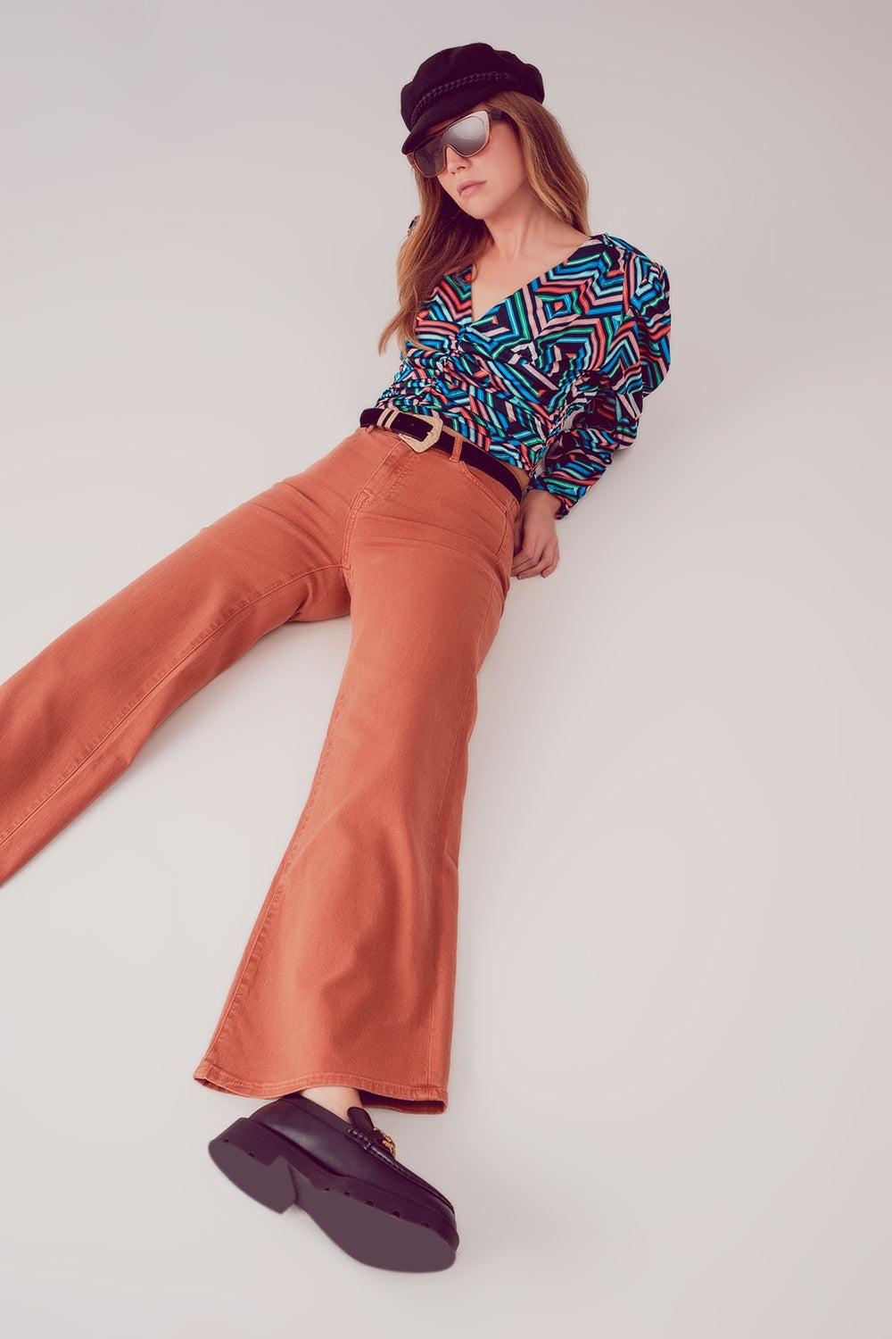 Cotton blend wide leg jeans in orange