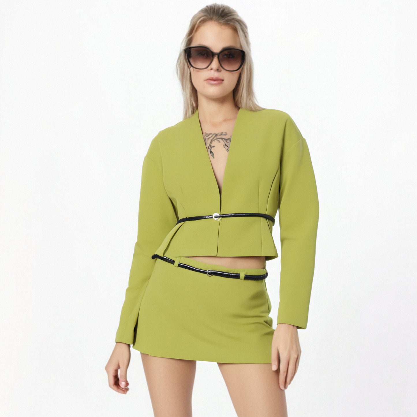 UNIKCOSA Velora Green Waist Belt Slim Fit Shirt And Skirt 💫