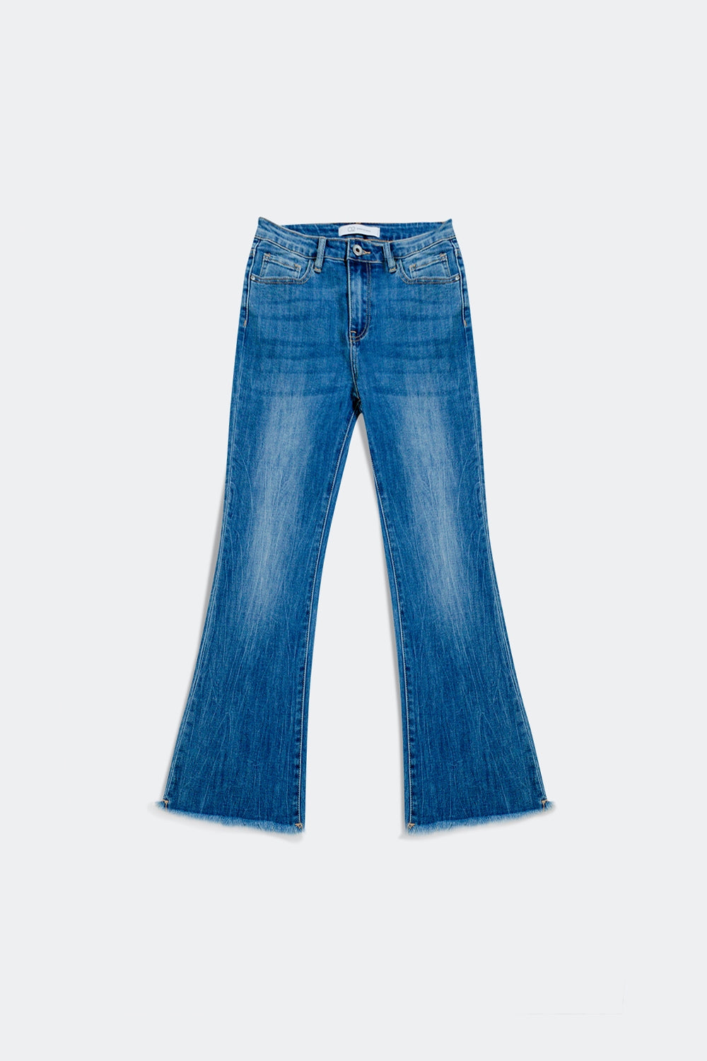 Flared jeans with raw edge in mid wash