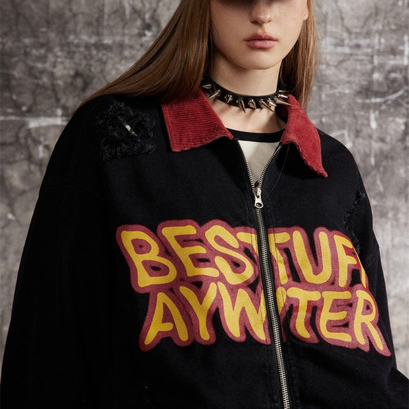 UNIKCOSA NoirFit Denim Jacket With Polo Collar Lettering 💫