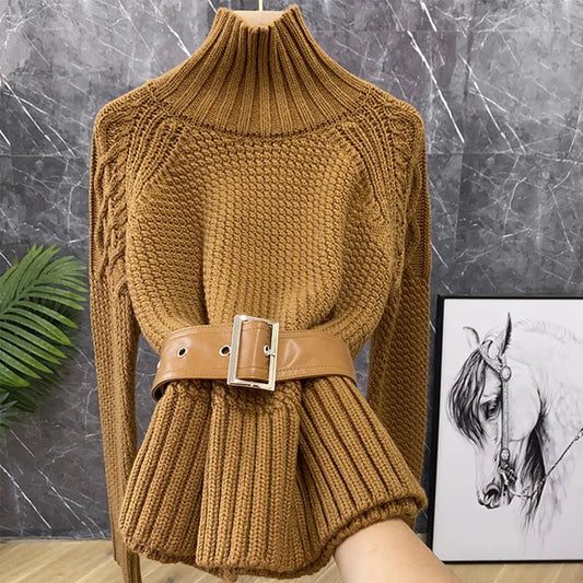 UNIKCOSA Belted Knit Half-Turtleneck Sweater — Vintage Slim-Waist Korean Pullover 🧥