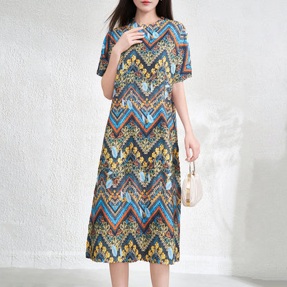 UNIKCOSA Velora Retro Pleated Midi Dress Literary Print 💫