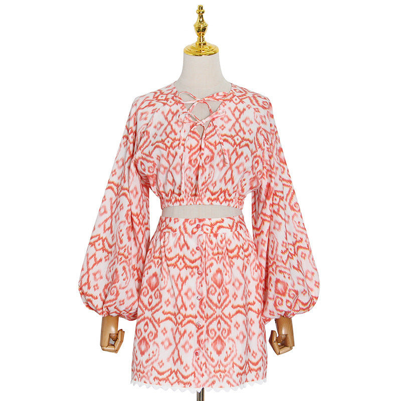 UNIKCOSA SoleilTie V-Neck Blouse & Slit Skirt Set