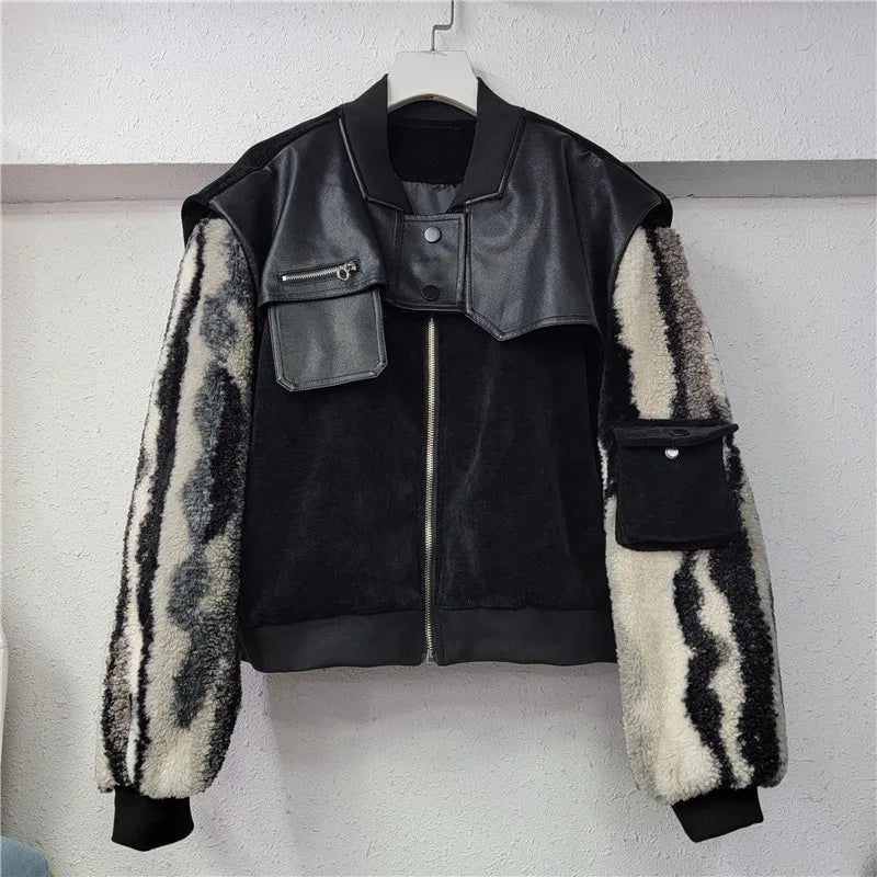 UNIKCOSA FurFusion Lamb Wool & PU Leather Patchwork Coat for Women 🤍