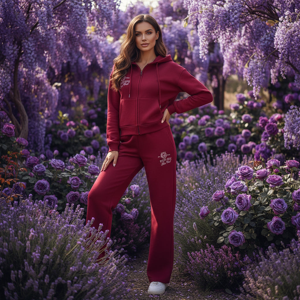 Red hoodie and pants set on a white background