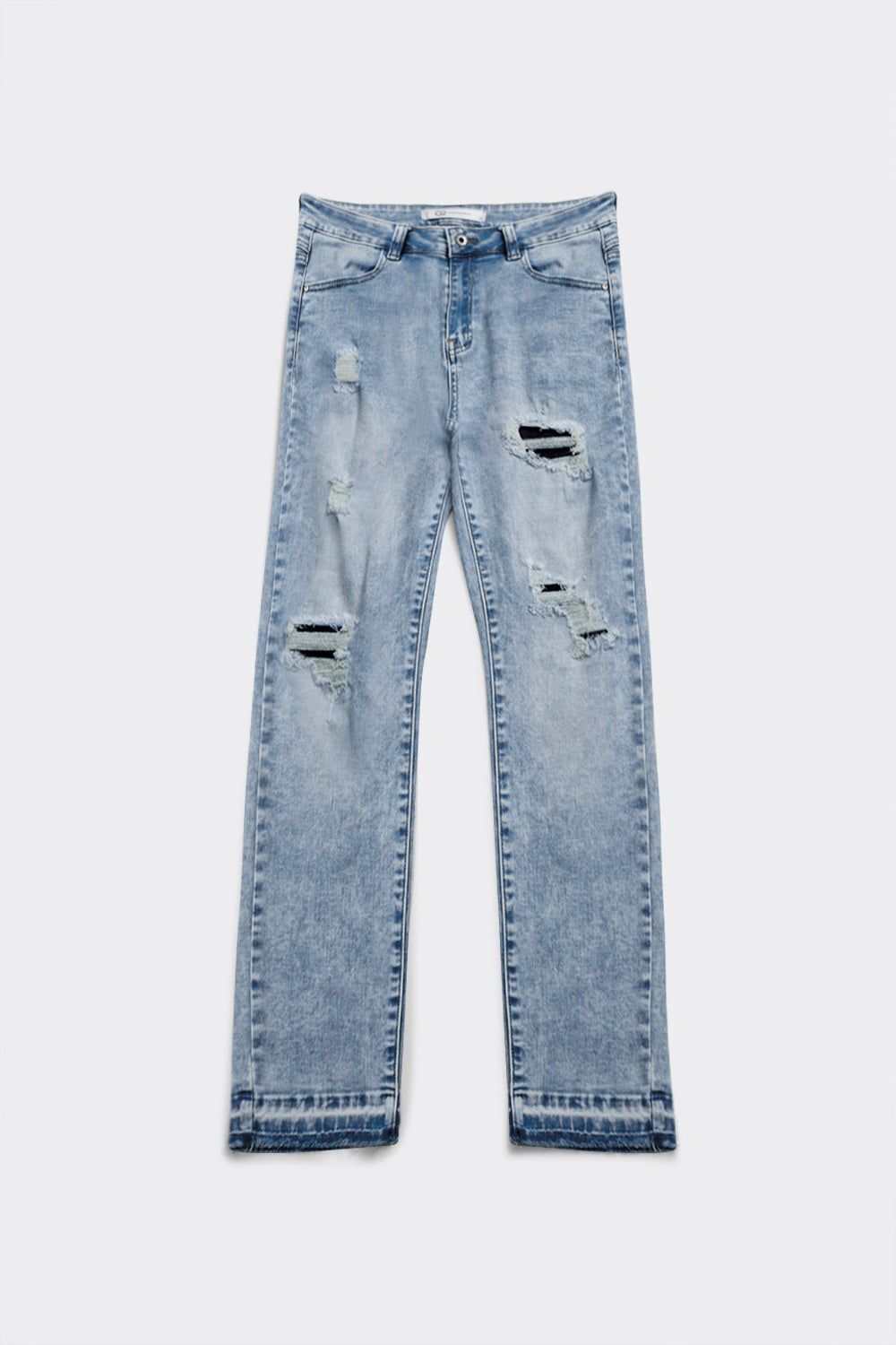 Distressed straight jeans with hem detail in blue