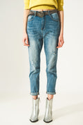 Distressed straight leg jean in light blue