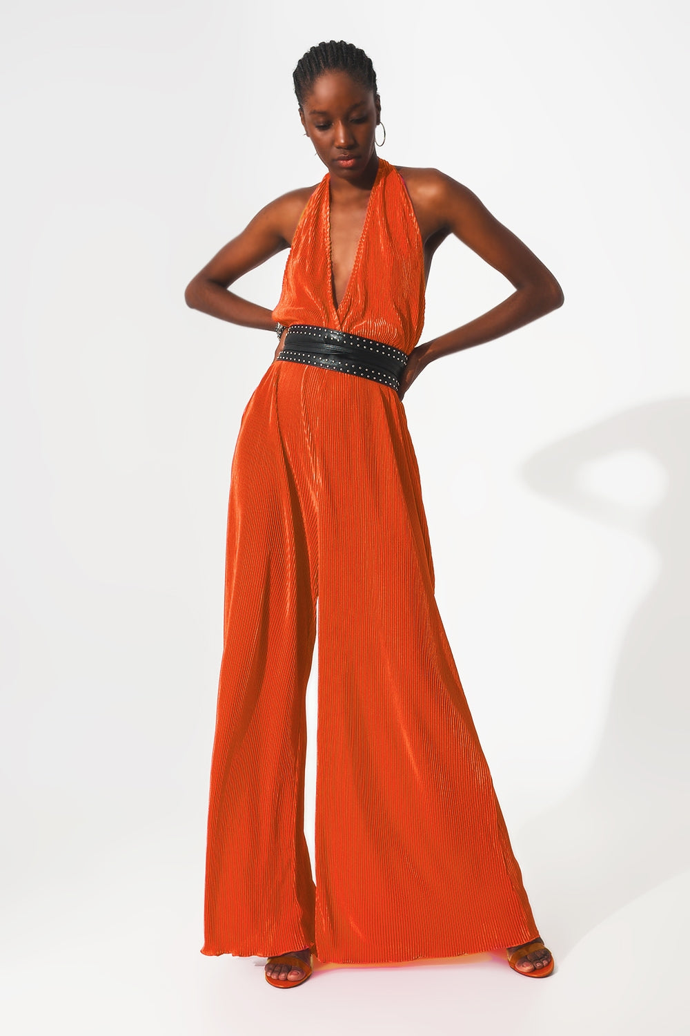 UNIKCOSA Satin halter neck pleated maxi jumpsuit in orange