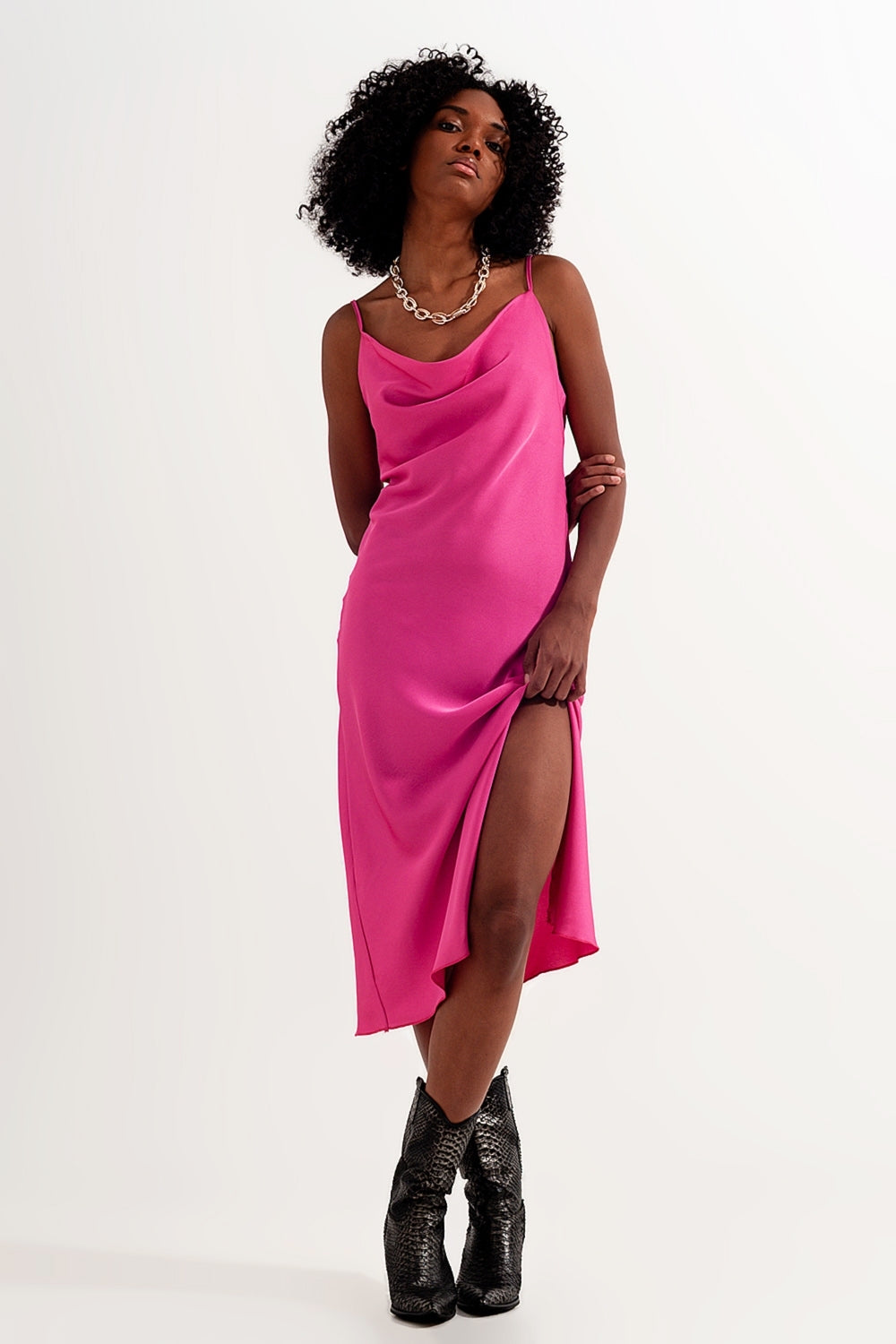 Cami midi slip dress in high shine satin in fuchsia
